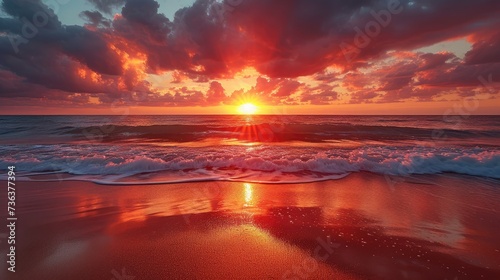 Landscape of ocean at sunset with sand and beach