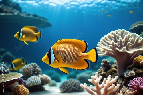 orange coral fish swim among corals in the sea, ocean.