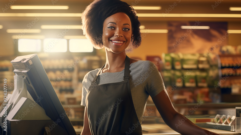 Portrait of cheerful smiling female cashier in grocery store symbolizes friendly customer service and welcoming atmosphere of store, joyful female store clerk happy to help customer - obrazy, fototapety, plakaty 