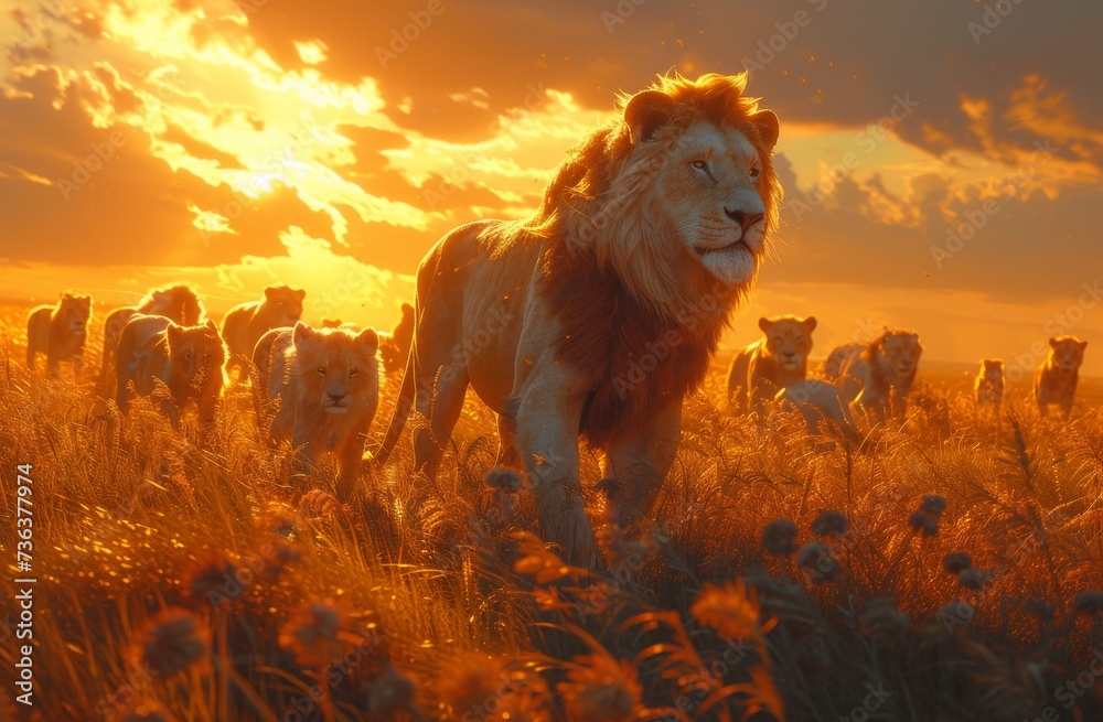 A majestic pride of lions roam through a golden field, silhouetted against the vibrant sunset sky as they stand tall and proud, the epitome of powerful mammalian beauty