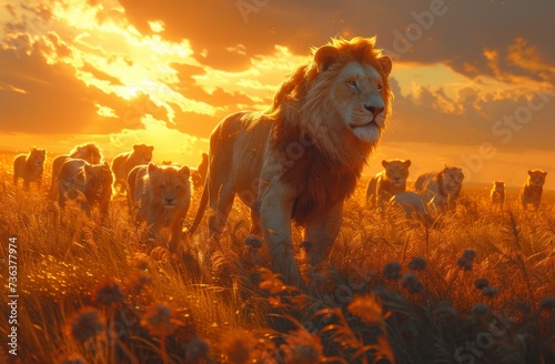 A majestic pride of lions roam through a golden field, silhouetted against the vibrant sunset sky as they stand tall and proud, the epitome of powerful mammalian beauty © familymedia