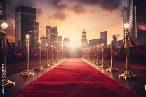 Red carpet rolling out in front of glamorous movie Presentation, Red carpet with golden stanchions on dark background. 3D Rendering,AI generated photo