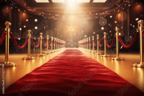 Red carpet rolling out in front of glamorous movie Presentation, Red carpet with golden stanchions on dark background. 3D Rendering,AI generated photo