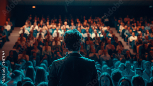 Speaker giving a talk in conference hall at business event. People in audience at the conference hall,