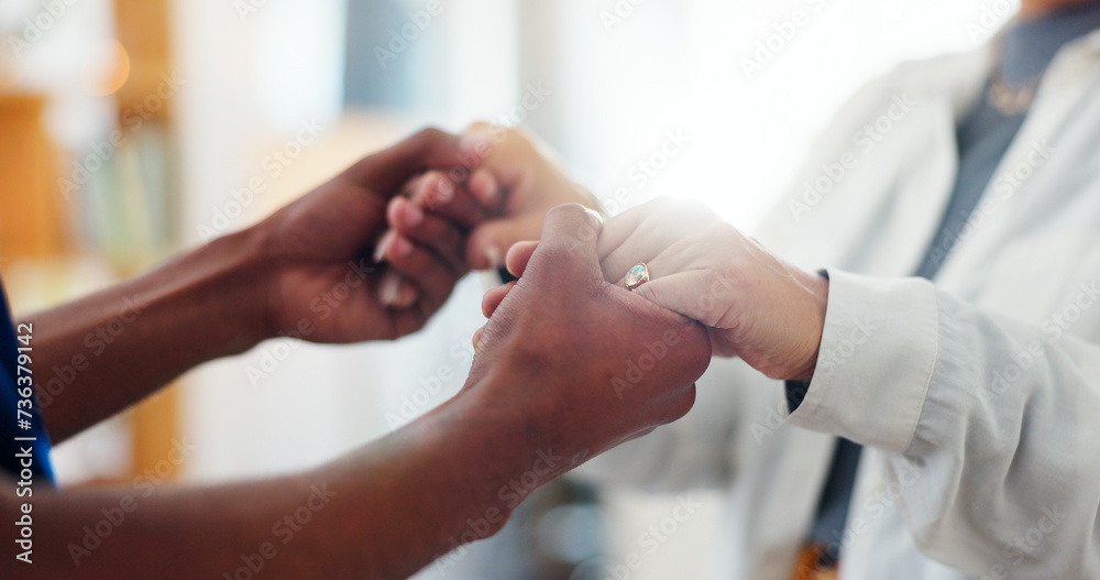 Obraz premium Homecare, holding hands or empathy by caregiver for senior woman in a house with kindness, comfort or support closeup. Hope, recovery or nurse and old person with understanding, trust or compassion