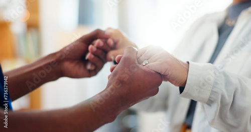Homecare  holding hands or empathy by caregiver for senior woman in a house with kindness  comfort or support closeup. Hope  recovery or nurse and old person with understanding  trust or compassion