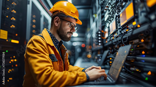 Computer engineer on a laptop to perform maintenance work in a data center.