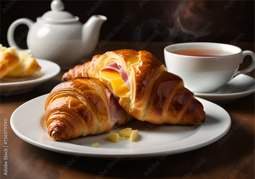 Delicious croissant with ham and cheese placed on white plate near cup of tea