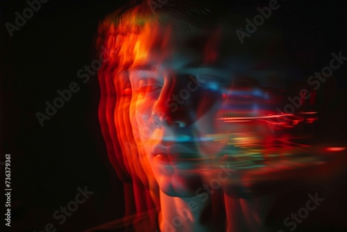 a persons struggle with mental health issues represented with super imposed versions of their emotional states, double exposure and chromatic aberration 
