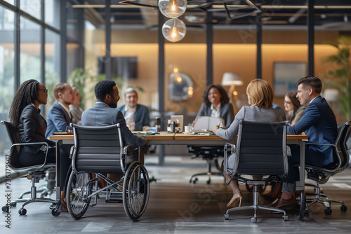 Executive man in a wheelchair at the board of directors of a company. Disability and integration concept.