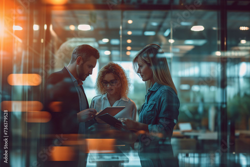 Office workers using tablets to perform tasks, seen through reflective glass.
