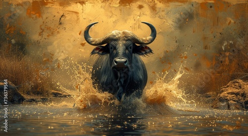 A majestic water buffalo charges through the rippling waves, its powerful horns leading the way as it embraces its wild bovine nature in the tranquil outdoor setting