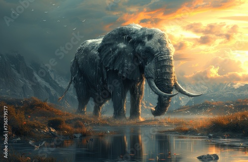 A majestic indian elephant gazes at the serene landscape, its massive tusks framing the cloud-streaked sky as it stands proudly in front of the tranquil waters, a symbol of the powerful yet gentle sp photo