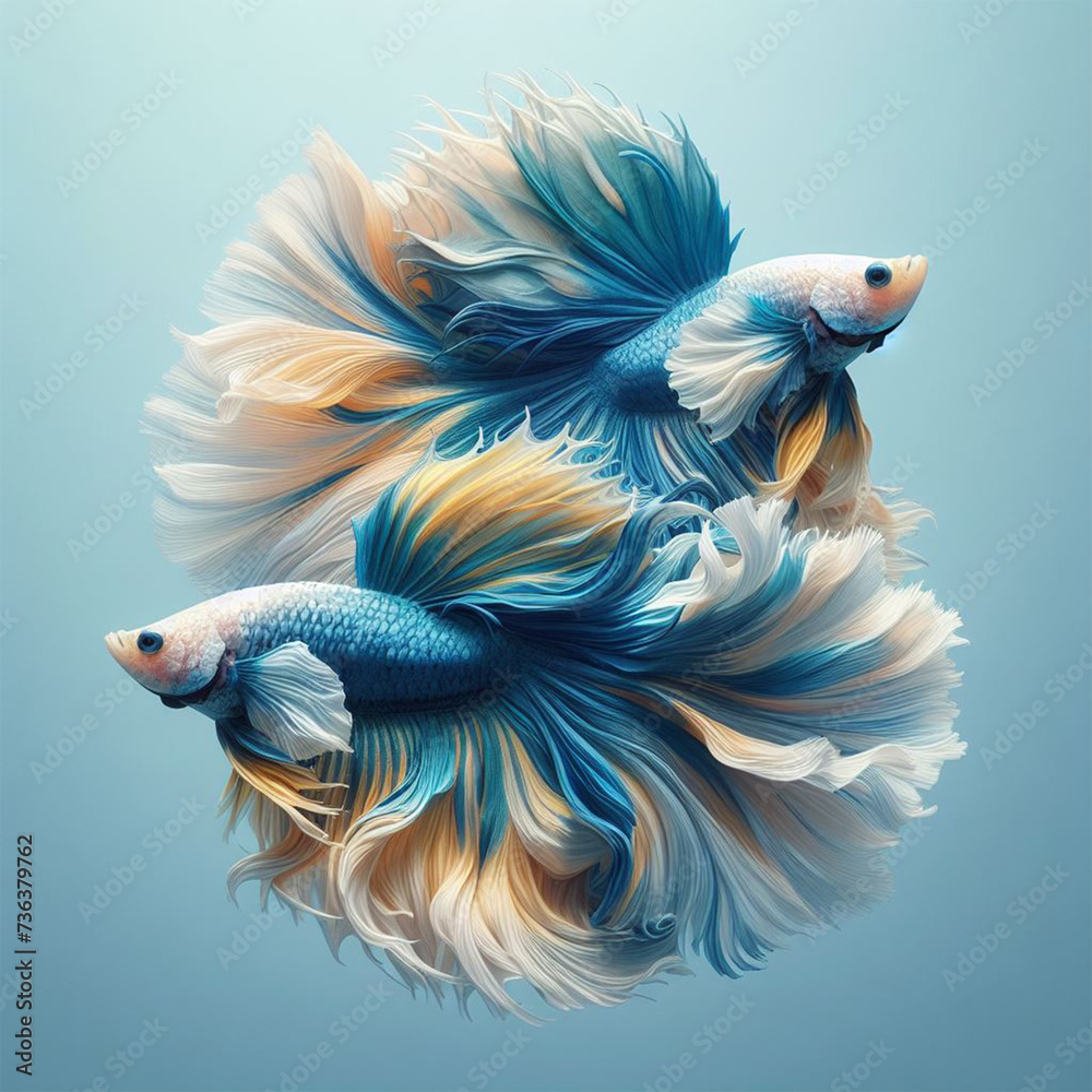 Two blue and yellow betta fish movement beautiful, Siamese fighting fish on pastel blue background. generative ai