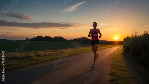 Female Runner Jogging On A Country Road At Sunset With A Scenic Horizon In The Background.