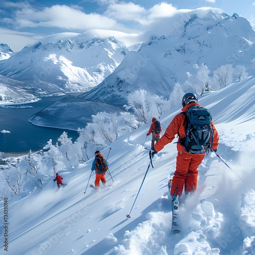 Intrepid Skiers Descend Pristine Snowy Mountain Slope