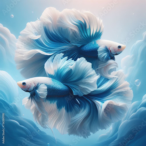 Two blue and white betta movement beautiful, Siamese fighting fish on pastel blue background. generative ai © DSM