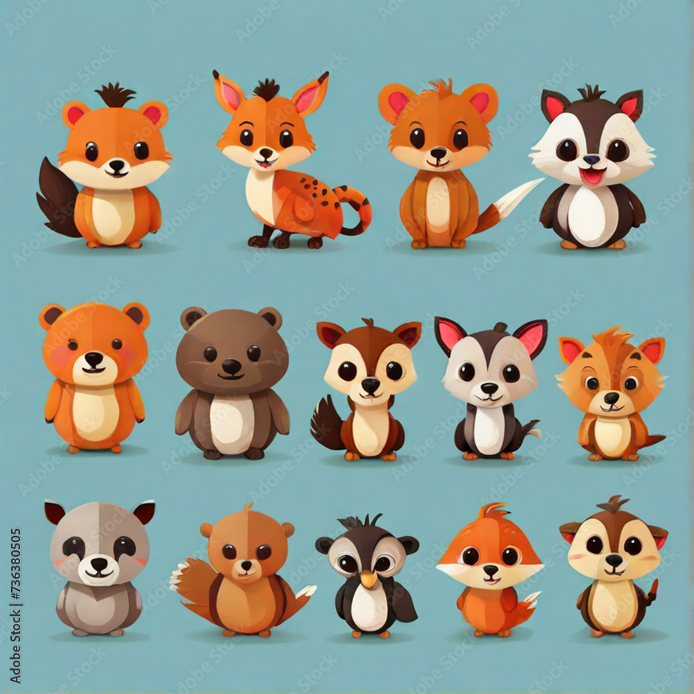 Fototapeta premium flat logo of vector cute animal cartoon vector icon set illustration, animal cartoon icon collection. set of animals.