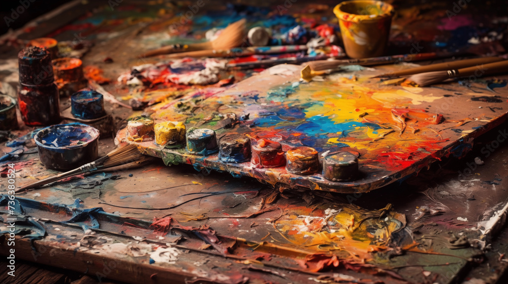 Fototapeta premium A collection of authentic crayons lying on a weathered artist's palette