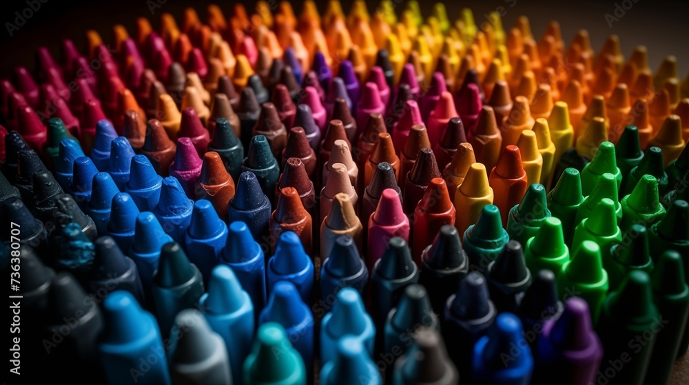 Fototapeta premium An array of crayons, each vibrant color meticulously detailed, arranged in a playful yet orderly manner