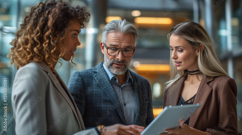 team of executives discussing data on a tablet. Labor day and teamwork concept. team of executives discussing data on a tablet. Labor day and teamwork concept.