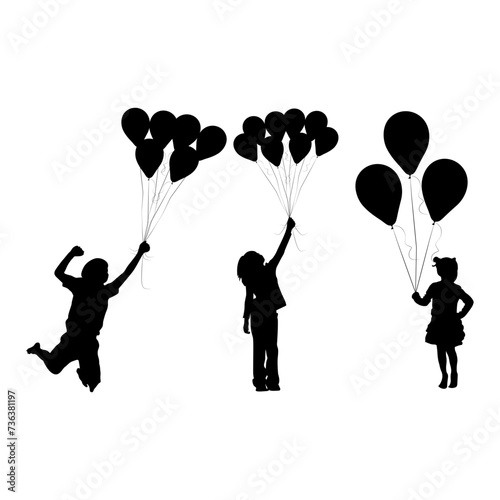 Children holding balloons silhouette. Silhouette of children holding a bunch of balloons. Vector silhouette icon of girls with balloons on white background