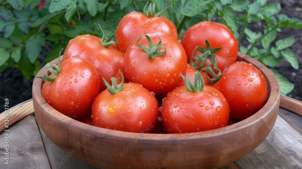 fresh organic red tomatoes on a wooden plate, Nutrition and vitamin theme. fresh organic red tomatoes on a wooden plate, Nutrition and vitamin theme.
