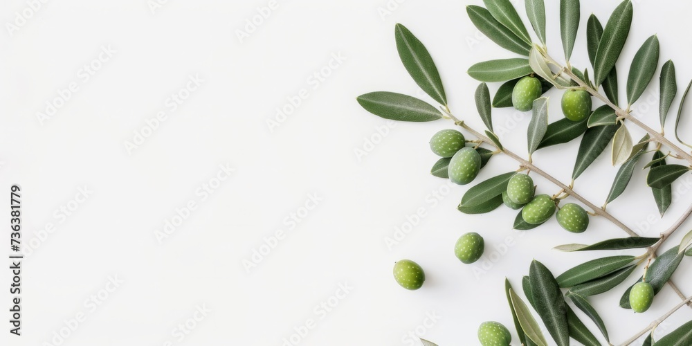 Olive Tree Branch: Vibrant Green Olives And Leaves Against White Background. Сoncept Macro Photography, Floral Close-Ups, Nature's Textures, Botanical Beauty