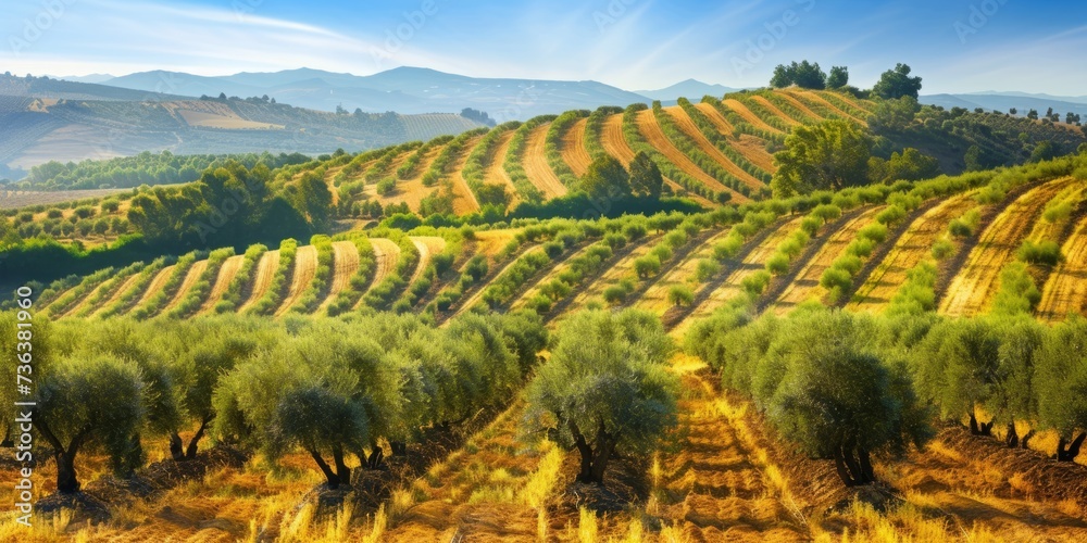 Fototapeta premium Vibrant Olive Groves Of Andalusia: Picturesque Display Of Spanish Agriculture. Сoncept Sunset On The Beach, Capturing The Golden Hour By The Sea Enchanting Forest Trail