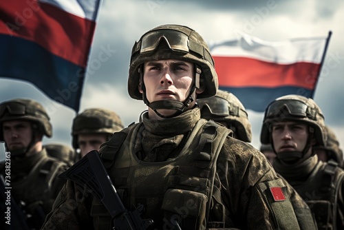 Russian Army soldier with flag ,Soldiers of the Russian army with the flag of Russia in the background, Ai generated photo