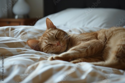 Serenely Resting Orange Cat Enjoys Luxurious Bed And Cozy Environment. Сoncept Orange Cat, Luxurious Bed, Cozy Environment, Serene Resting, Enjoyment