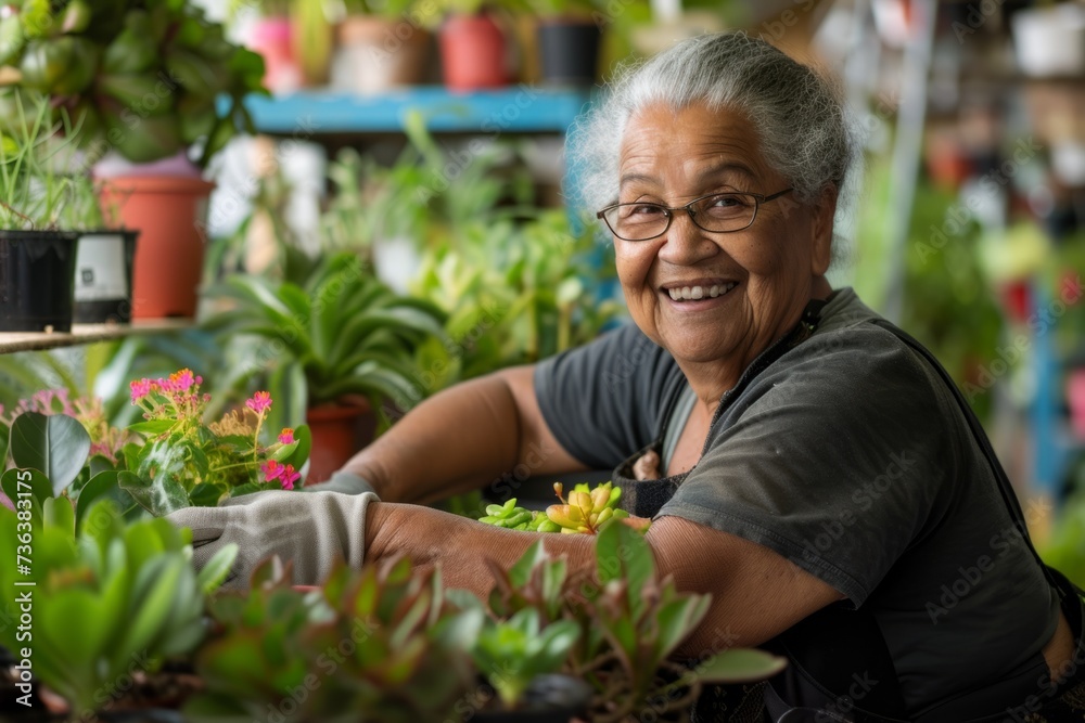 Senior Gardener Joyfully Cares For Potted Plants, Reflecting Her Diverse Heritage. Сoncept Traditional Cooking Techniques, Cultural Festivals, Handcrafted Artwork, Cultural Traditions