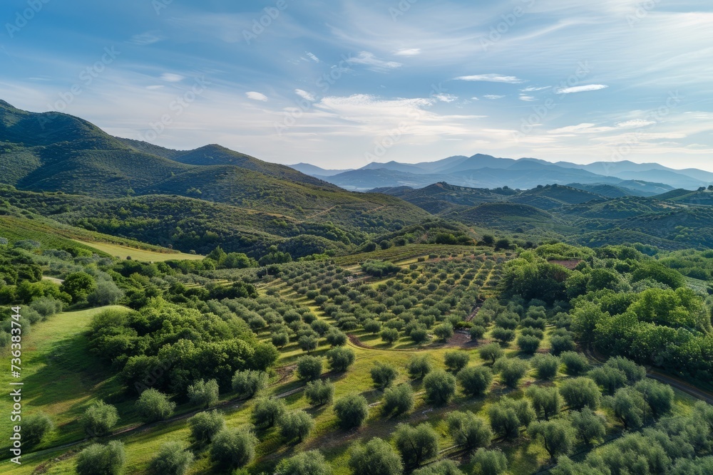 Fototapeta premium Serene Oasis Of Vibrant Green In The Rolling Hills: The Enchanting Olive Grove. Сoncept Nature's Symphony, Capturing The Beauty Of Wildlife In Motion