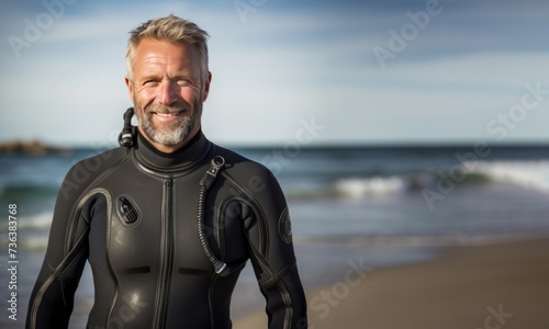 Smiling Middle age surfer man on the beach