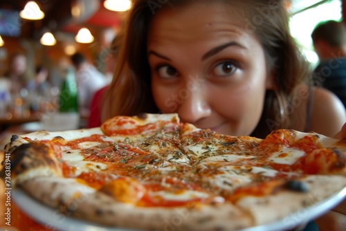Woman Indulging In Delicious Slice Of Pizza. Сoncept Food Photography, Pizza Lovers, Tempting Treats, Foodie Delights, Indulgent Bites
