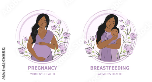 Pregnancy, breastfeeding and motherhood. Women health. Woman feeding baby. Vector illustration.