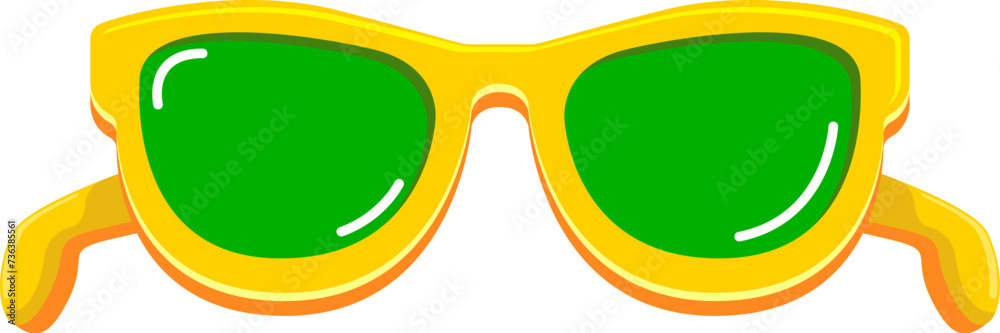 Yellow sunglasses with green lens isolated on white background. Cartoon funny kids orange summer sunglasses icon, label and sign. Cool hipster Sunglasses vector graphic illustration Yellow sunglasses with green lens isolated on white background. Cartoon funny kids orange summer sunglasses icon, label and sign. Cool hipster Sunglasses vector graphic illustration