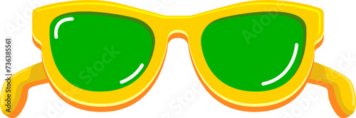 Yellow sunglasses with green lens isolated on white background. Cartoon funny kids orange summer sunglasses icon, label and sign. Cool hipster Sunglasses vector graphic illustration