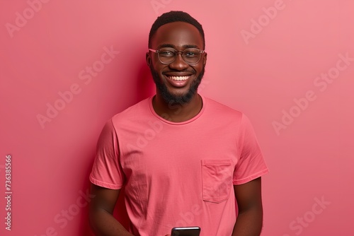 An African male wearing a solid color t shirt with a solid backdrop and holding a smartphone, Generative AI. © Electric Wolf