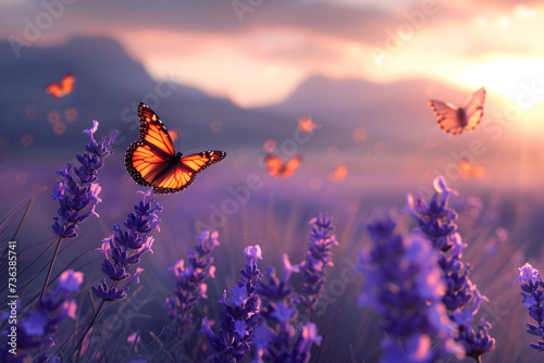 A breathtaking sunset over a lavender field with butterflies and mountains in the background. Ideal for wallpapers and backgrounds. © Jhon