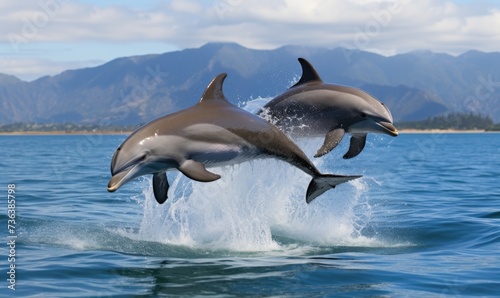 Two Dolphins Jumping Out of Water © uhdenis