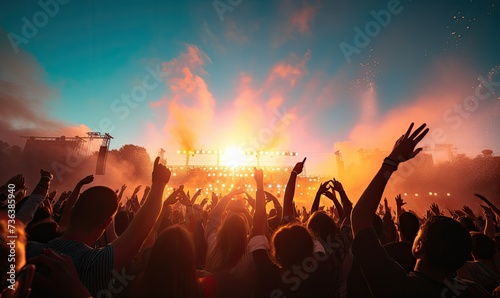 Energetic Crowd at Concert With Hands Raised
