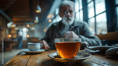 An old man having a cup of tea with an old friend and a chat. photo