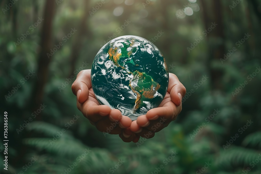 Hands Holding a Vibrant Globe in a Lush Forest - Earth Day Concept Hands Holding a Vibrant Globe in a Lush Forest - Earth Day Concept