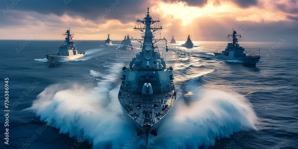 Obraz premium Group of Military Ships at Sea, Guided-missile destroyer. 