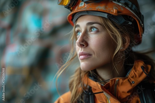 A thoughtful woman in a climbing helmet reflects amidst nature, and a geologist examines a geological map with a hammer in hand, both in striking orange attire against the rugged terrain.