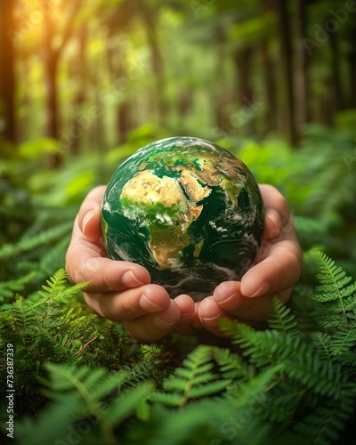 Hands Cradling Earth Amidst Lush Greenery, Concept of Earth Day and Environmental Conservation