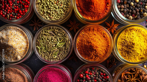  A composition of colorful spices in small glass jars forms a visually stimulating arrangement