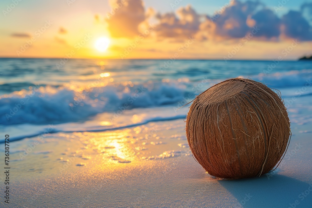 A coconut rests on the sandy beach as the sun sets in the background, signaling the end of a tropical summer day. - obrazy, fototapety, plakaty 