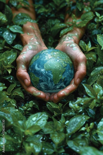 Painted Hands Cradling a Dew-Kissed Globe Amongst Fresh Leaves